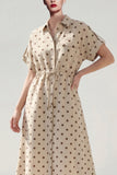 Khaki Polka Dots A Line Collared Midi Work Dress