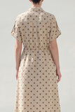 Khaki Polka Dots A Line Collared Midi Work Dress