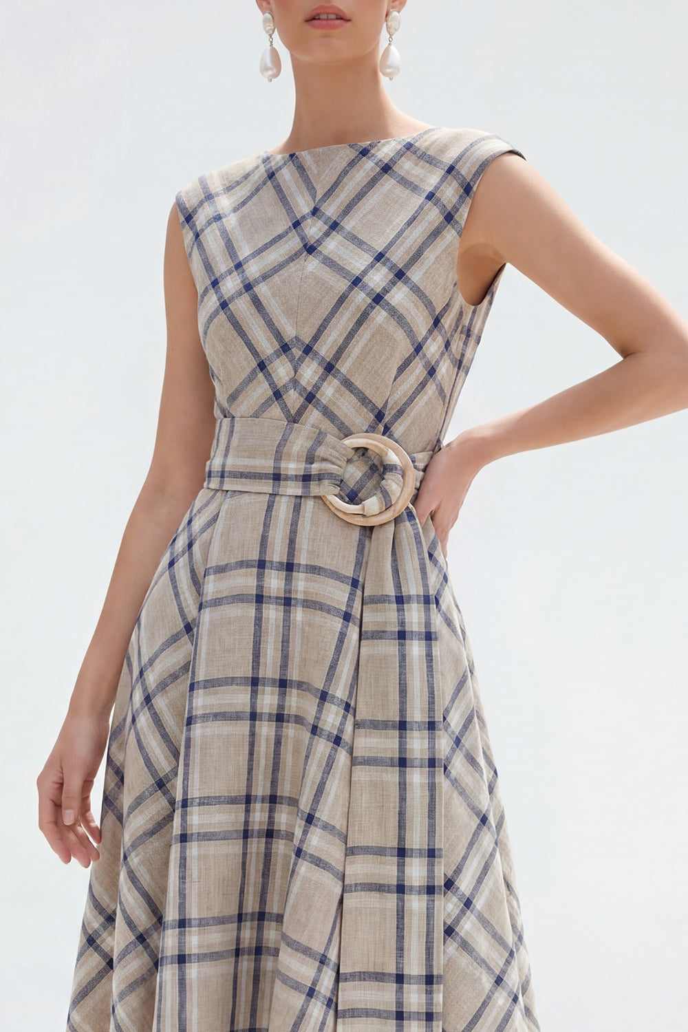 Zapaka Women Grey Grid A Line Work Dress Bateau Neck Asymmetrical Sleeveless Business Dress, Grey Grid / L