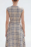 Grey Grid A Line Bateau Neck Asymmetrical Work Dress