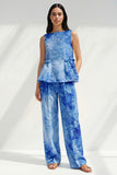 Blue 2 Piece Ruffled Bateau Neck Printed Business Suits with Pockets