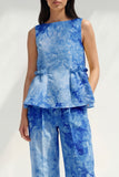 Blue 2 Piece Ruffled Bateau Neck Printed Business Suits with Pockets