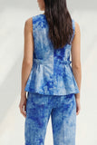 Blue 2 Piece Ruffled Bateau Neck Printed Business Suits with Pockets