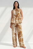 Blue 2 Piece Ruffled Bateau Neck Printed Business Suits with Pockets