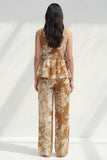 Blue 2 Piece Ruffled Bateau Neck Printed Business Suits with Pockets