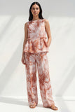 Blue 2 Piece Ruffled Bateau Neck Printed Business Suits with Pockets