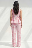 Blue 2 Piece Ruffled Bateau Neck Printed Business Suits with Pockets