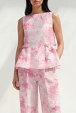 Blue 2 Piece Ruffled Bateau Neck Printed Business Suits with Pockets