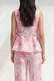 Blue 2 Piece Ruffled Bateau Neck Printed Business Suits with Pockets