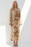 Brown 2 Piece Notched Lapel Long Sleeves Printed Business Suits with Back Slit
