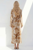 Brown 2 Piece Notched Lapel Long Sleeves Printed Business Suits with Back Slit