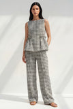 2 Piece Black and White Grid Boat Neck Ruffled Striped Slim Fit Business Suits