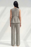 2 Piece Black and White Grid Boat Neck Ruffled Striped Slim Fit Business Suits