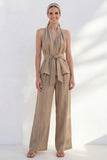 Khaki 2 Piece Halter Striped Wide Leg Business Suits with Belt