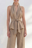 Khaki 2 Piece Halter Striped Wide Leg Business Suits with Belt