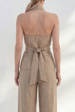 Khaki 2 Piece Halter Striped Wide Leg Business Suits with Belt