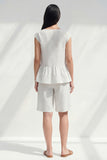 2 Piece White Boat Neck Ruffled Striped Business Suits with Pockets