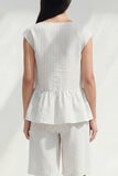 2 Piece White Boat Neck Ruffled Striped Business Suits with Pockets