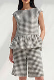 2 Piece Black and White Boat Neck Plaid Business Suits with Ruffles
