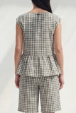 2 Piece Black and White Boat Neck Plaid Business Suits with Ruffles
