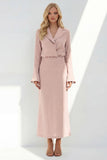 Blue Notched Lapel Long Sleeves 2 Piece Business Dress