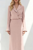 Blue Notched Lapel Long Sleeves 2 Piece Business Dress