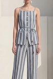 Dusty Blue Stripe Spaghetti Strap Single Breasted Women Suit with Belt