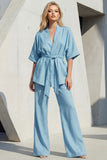 Blue V-Neck Short Sleeves Long Women Suit with Belt