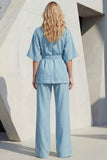 Blue V-Neck Short Sleeves Long Women Suit with Belt