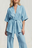 Blue V-Neck Short Sleeves Long Women Suit with Belt
