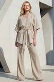 Blue V-Neck Short Sleeves Long Women Suit with Belt