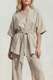 Blue V-Neck Short Sleeves Long Women Suit with Belt