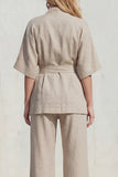 Blue V-Neck Short Sleeves Long Women Suit with Belt