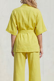 Blue V-Neck Short Sleeves Long Women Suit with Belt