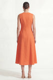 Orange A-Line V-Neck Midi Satin Work Dress