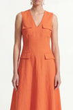 Orange A-Line V-Neck Midi Satin Work Dress