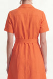 Orange Notched Lapel Single Breasted Short Work Dress with Belt