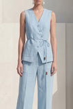 Blue V-Neck Single Breasted Long Satin Women Suits with Belt