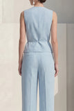 Blue V-Neck Single Breasted Long Satin Women Suits with Belt