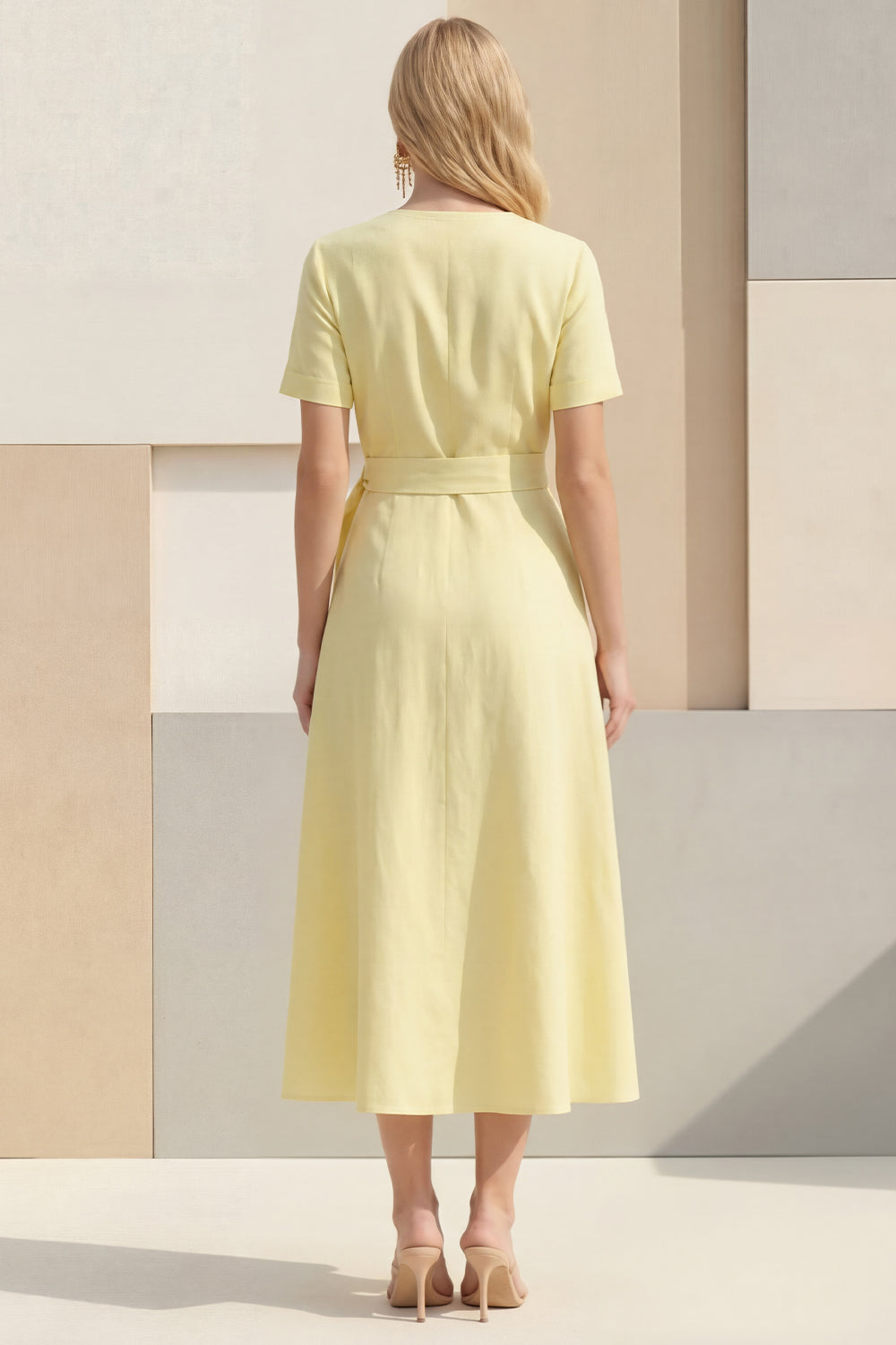 Zapaka Women Light Yellow Midi Work Dress with Belt A-Line V-Neck Satin Short Sleeves Business Dress, Light Yellow / 3XL