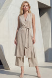 Khaki V-Neck Bodycon Midi Slit Women Suit with Belt