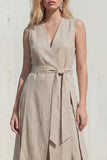 Khaki V-Neck Bodycon Midi Slit Women Suit with Belt