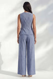 Dark Blue Stripe Crew Neck Slim Fit Long Women Suit