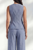 Dark Blue Stripe Crew Neck Slim Fit Long Women Suit