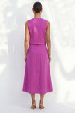 Fuchsia V-Neck Single Breasted Slim Fit Midi Work Dress with Belt