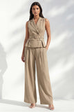 Khaki Notched Lapel Double Breasted Long Slim Fit Women Suit with Belt