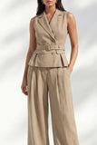 Khaki Notched Lapel Double Breasted Long Slim Fit Women Suit with Belt