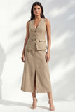 khaki V-Neck Bodycon Single Breasted Midi Slim Fit Work Dress with Slit