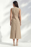 khaki V-Neck Bodycon Single Breasted Midi Slim Fit Work Dress with Slit
