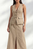 khaki V-Neck Bodycon Single Breasted Midi Slim Fit Work Dress with Slit